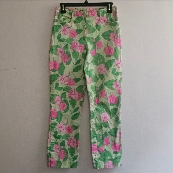 91 LILLY PULITZER MANDEVILLA GREEN PINK FLORAL PANTS WOMEN'S SIZE 4 - Picture 3 of 8